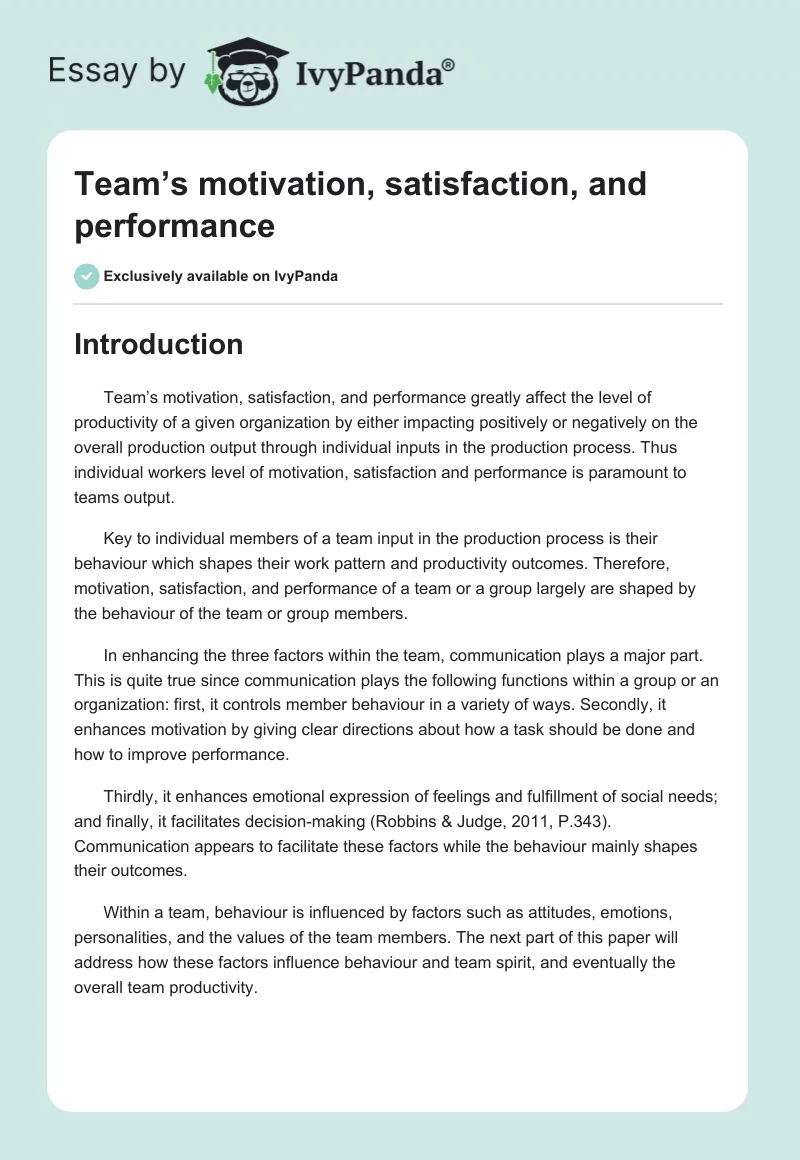 Team’s Motivation, Satisfaction, and Performance. Page 1