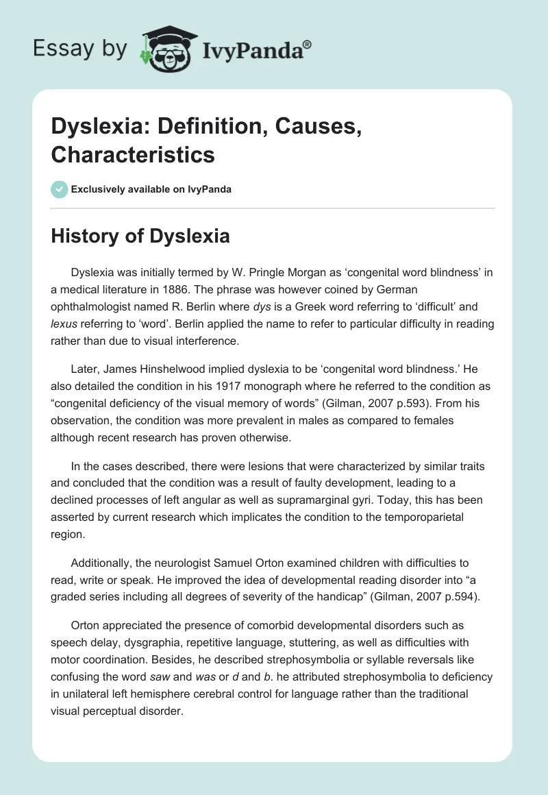 Dyslexia: Definition, Causes, Characteristics. Page 1