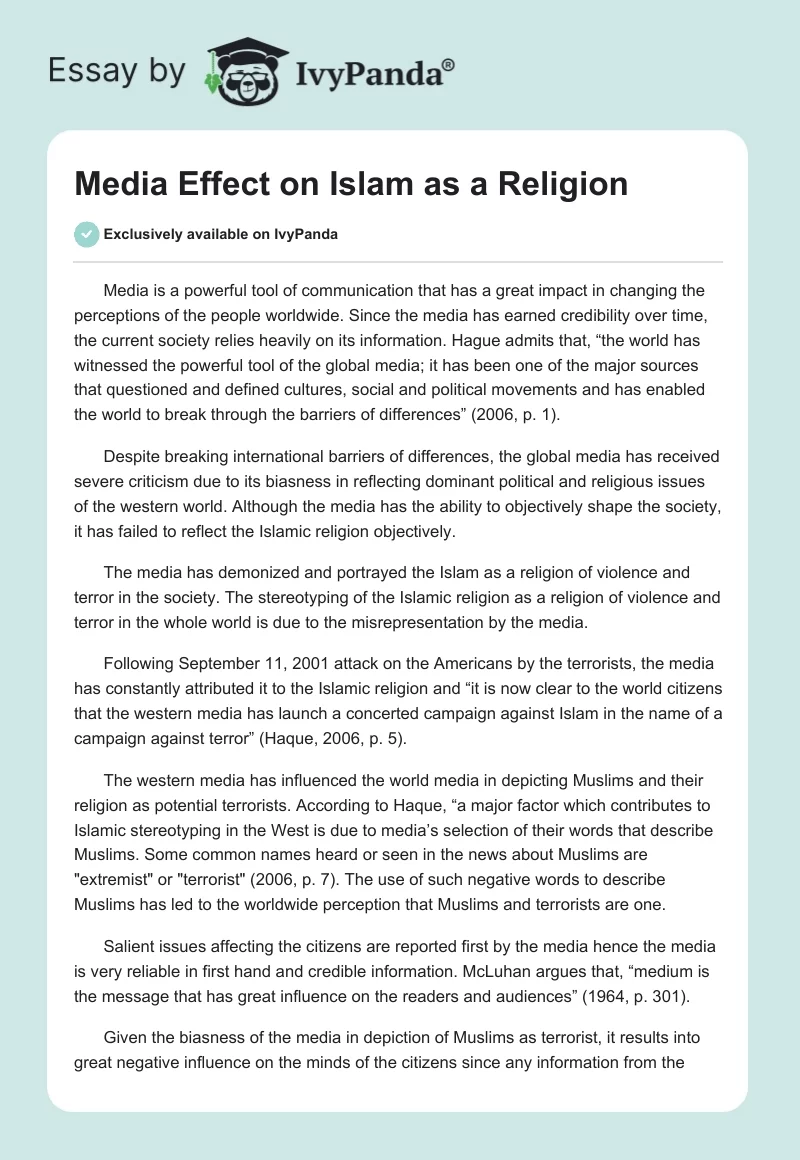 Media Effect on Islam as a Religion. Page 1