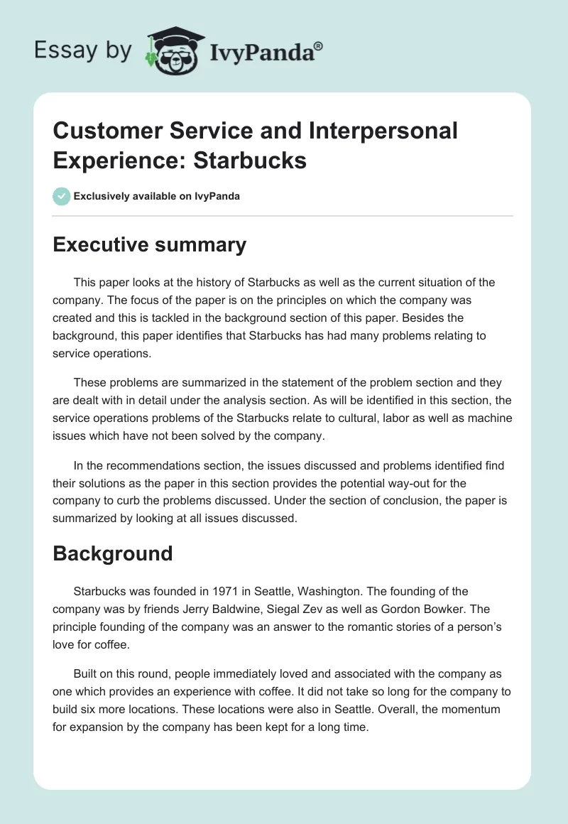 Customer Service and Interpersonal Experience: Starbucks. Page 1