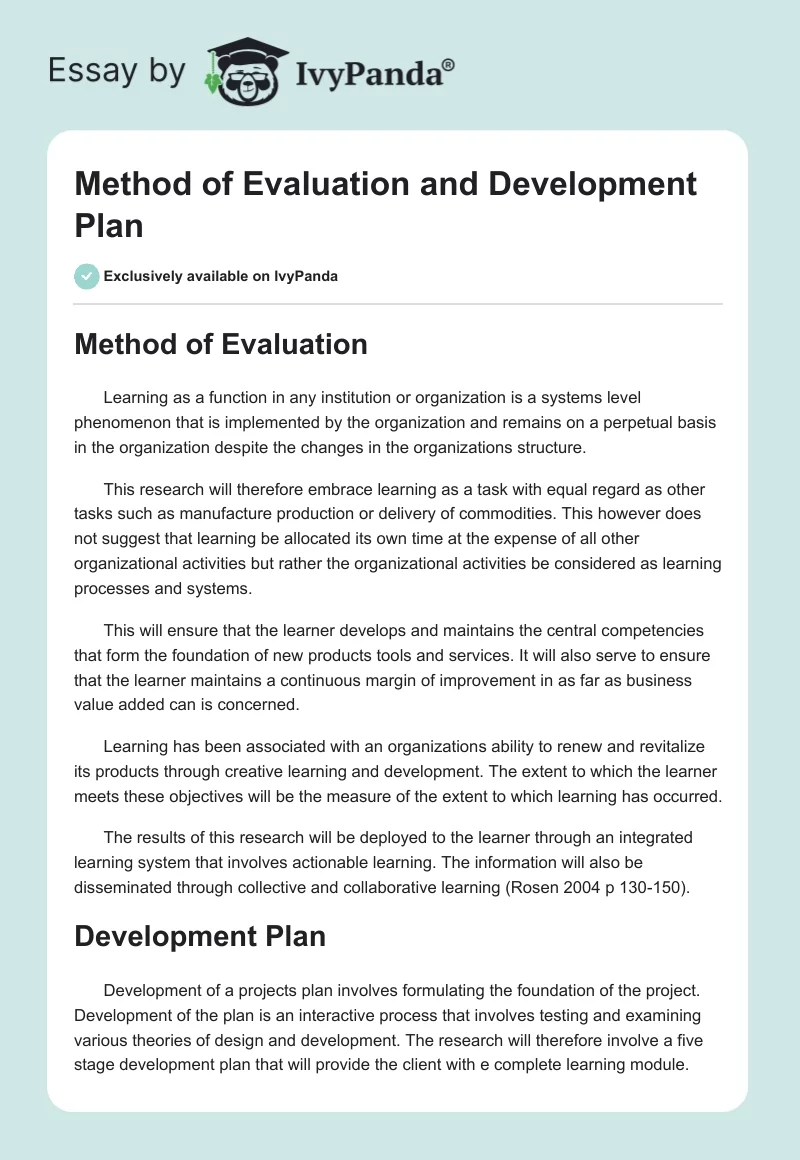 Method of Evaluation and Development Plan. Page 1
