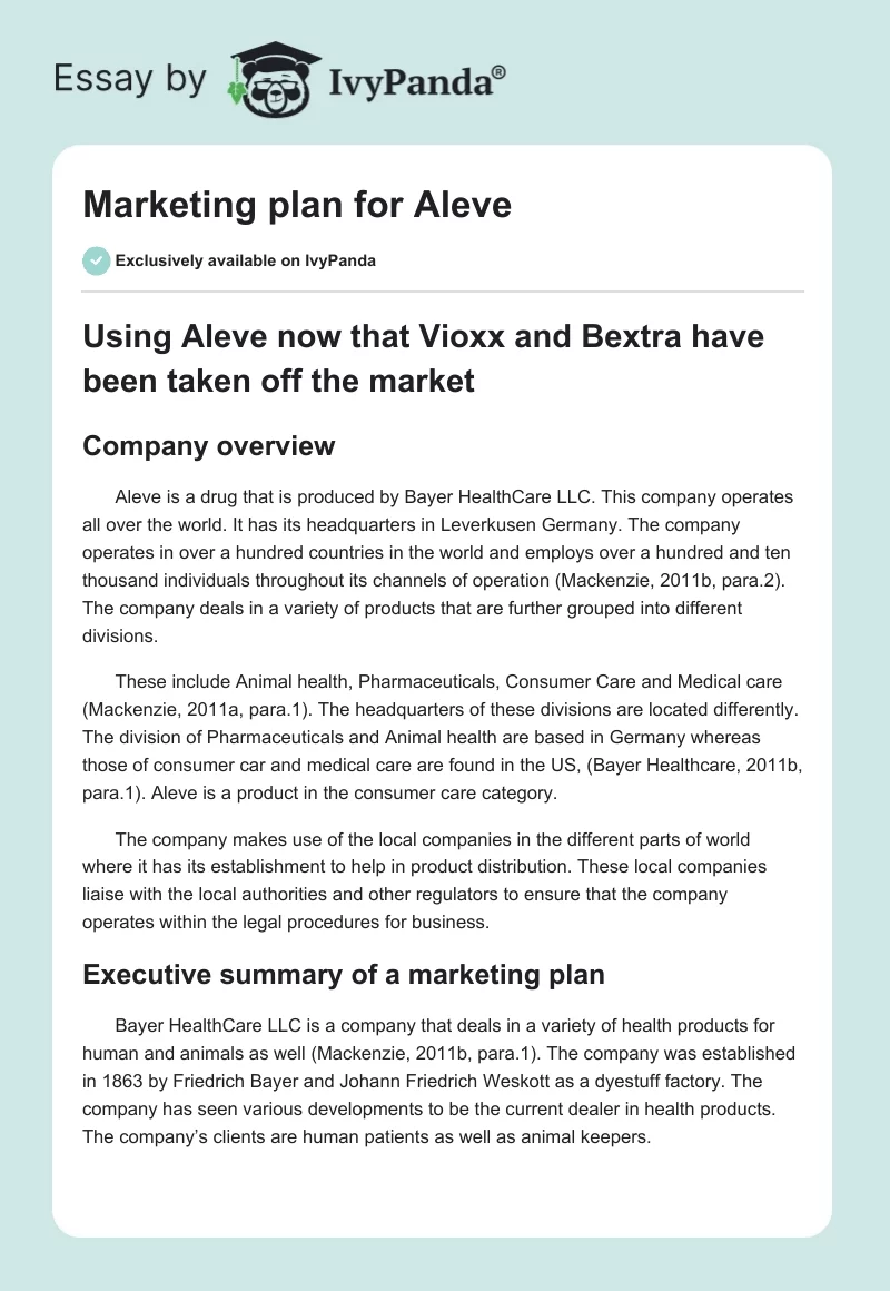 Marketing plan for Aleve. Page 1