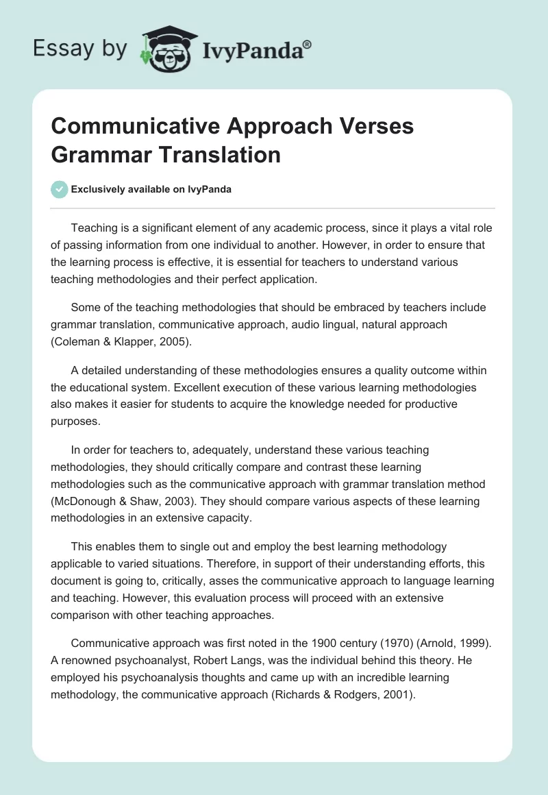 Communicative Approach Verses Grammar Translation. Page 1