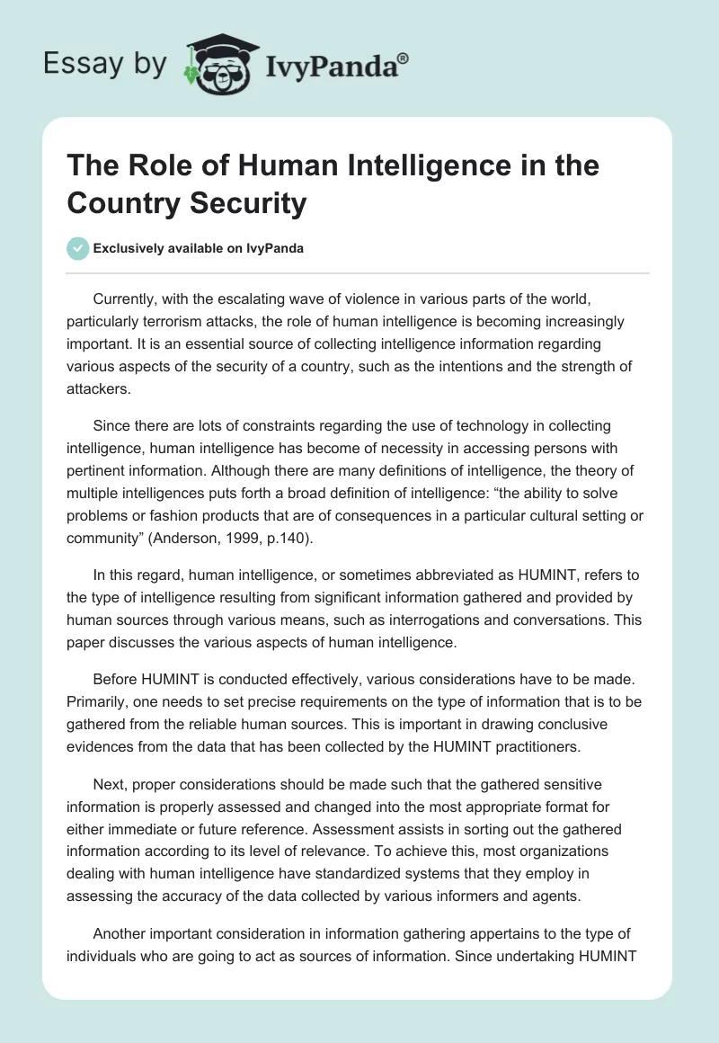 The Role of Human Intelligence in the Country Security. Page 1