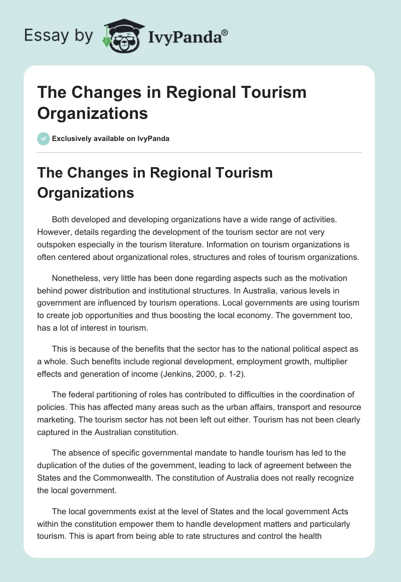 The Changes in Regional Tourism Organizations. Page 1