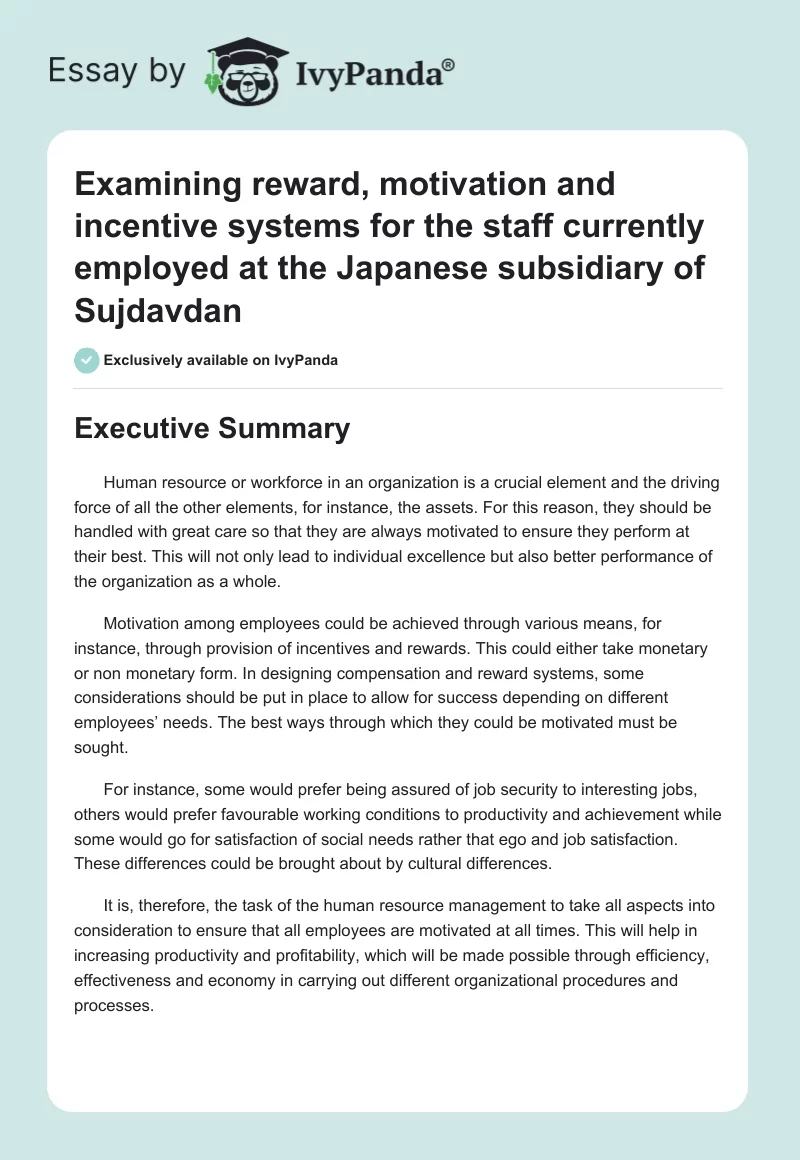 Examining Reward, Motivation and Incentive Systems for the Staff Currently Employed at the Japanese Subsidiary of Sujdavdan. Page 1