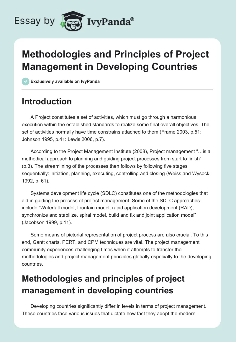 Methodologies and Principles of Project Management in Developing Countries. Page 1