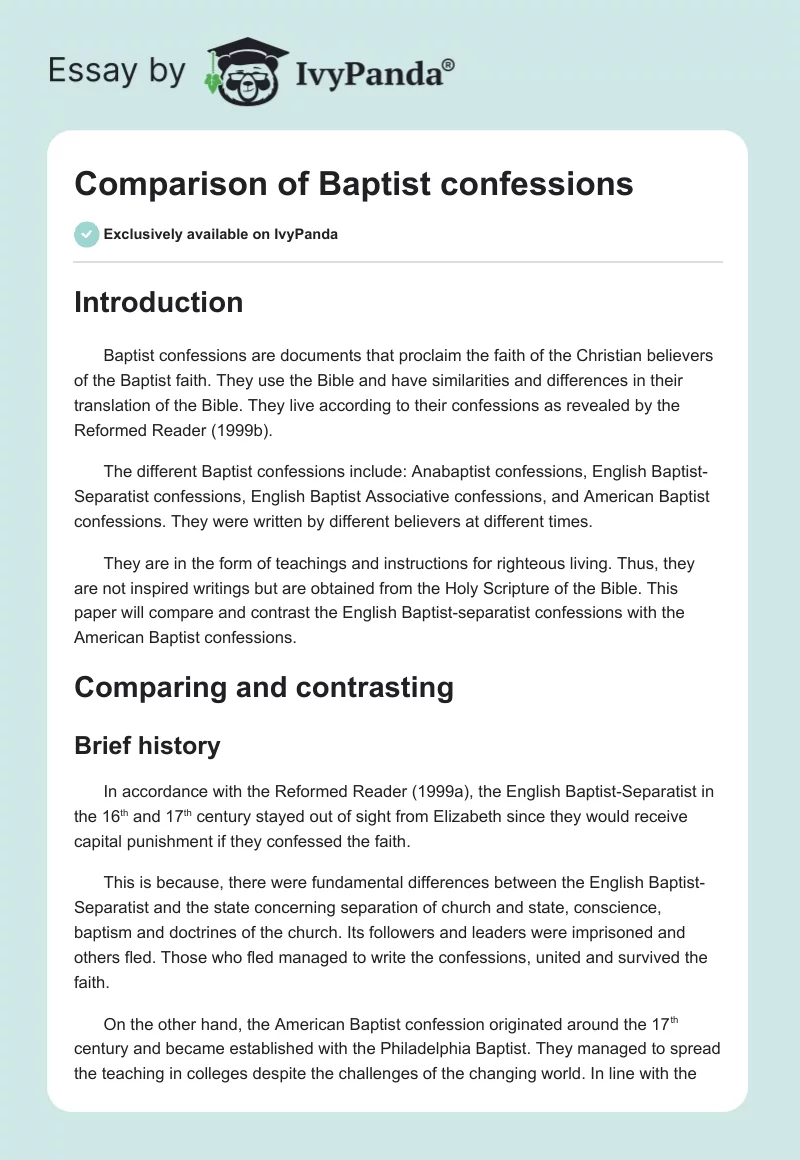 Comparison of Baptist confessions. Page 1