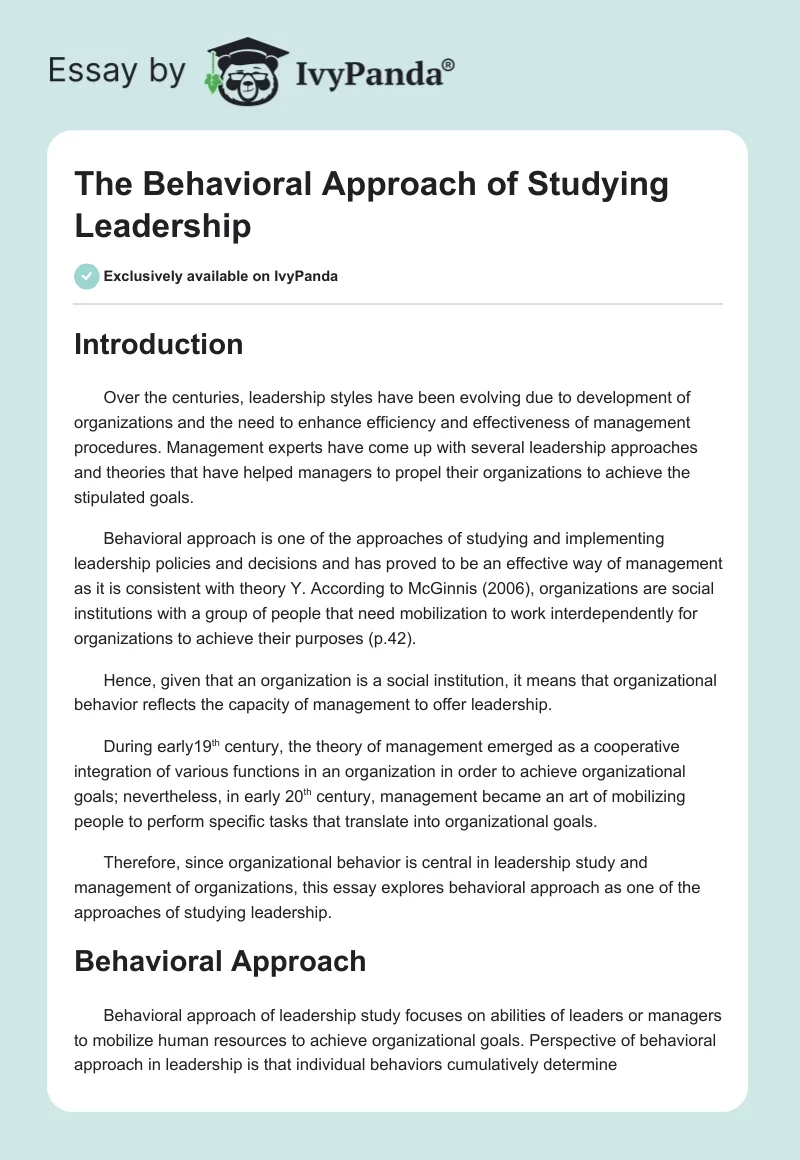 The Behavioral Approach of Studying Leadership. Page 1
