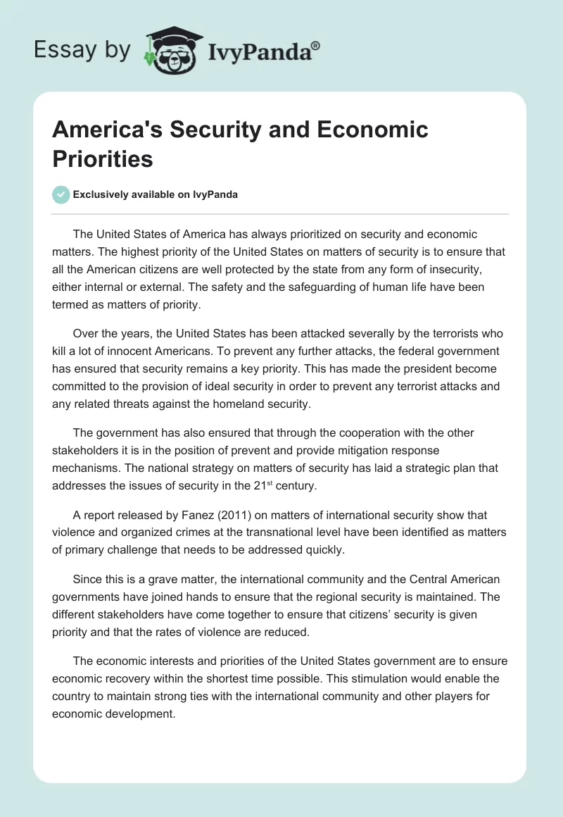America's Security and Economic Priorities. Page 1