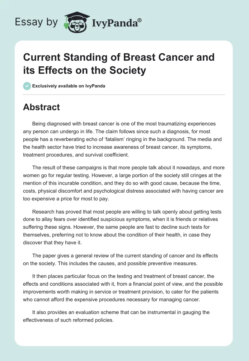 Current Standing of Breast Cancer and Its Effects on the Society. Page 1