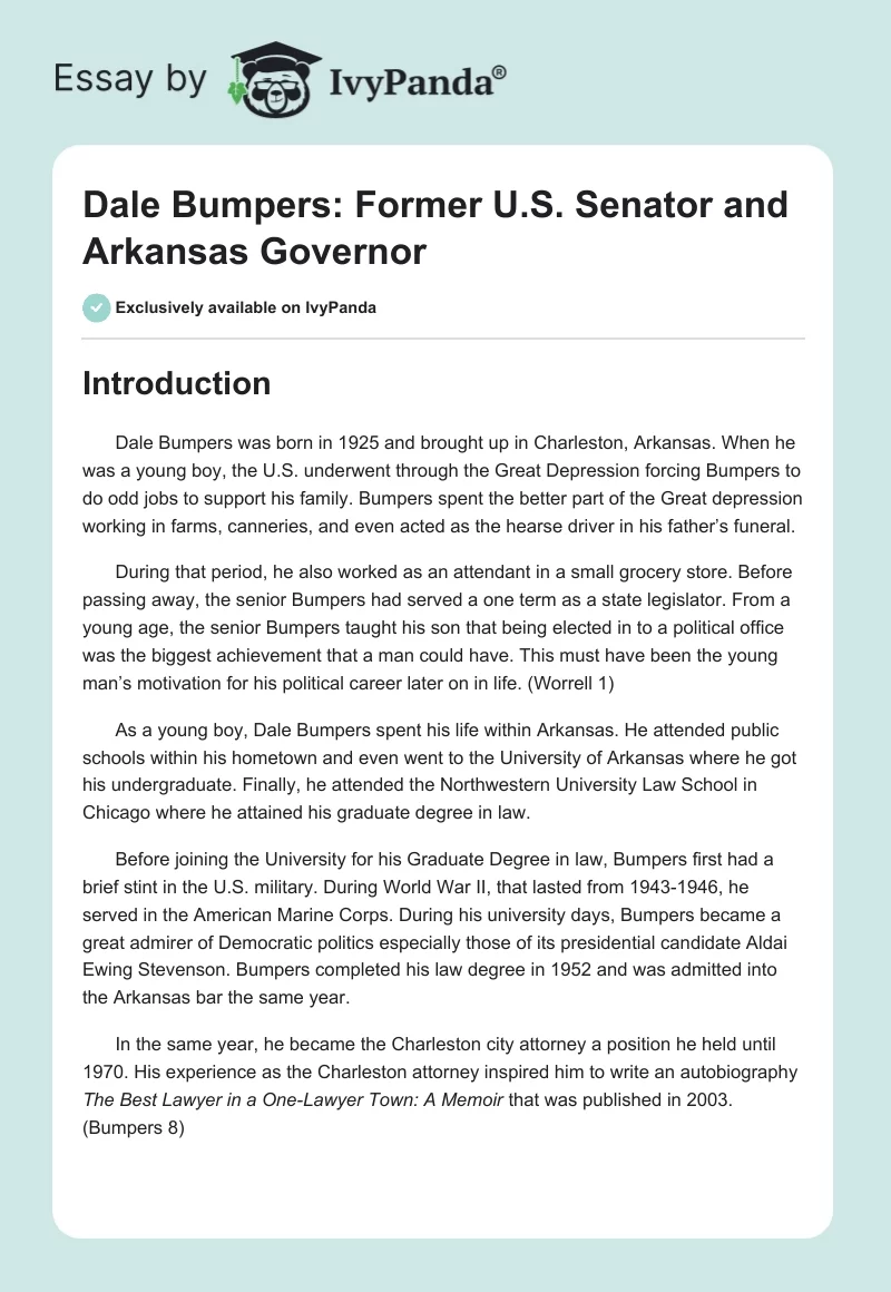 Dale Bumpers: Former U.S. Senator and Arkansas Governor. Page 1