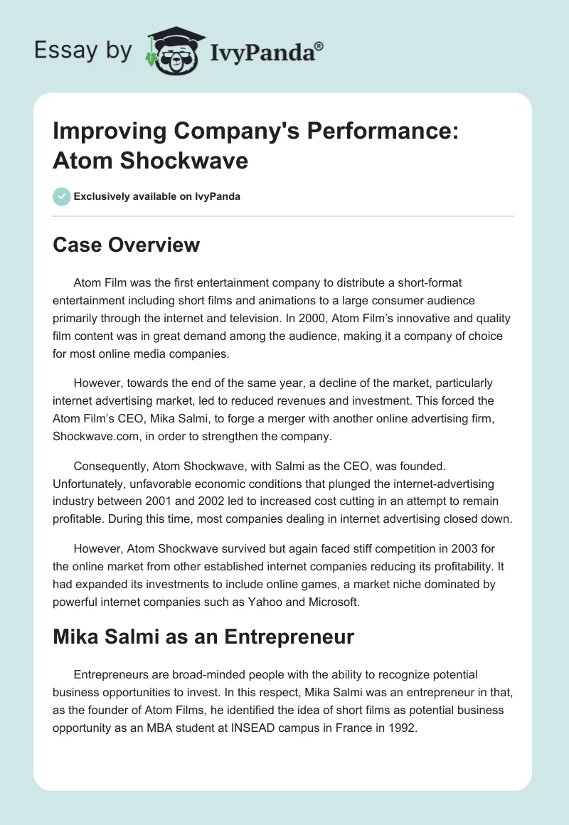 Improving Company's Performance: Atom Shockwave. Page 1