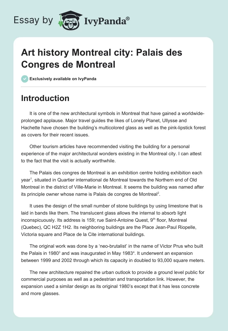 Art history Montreal city: Palais des Congres de Montreal. Page 1