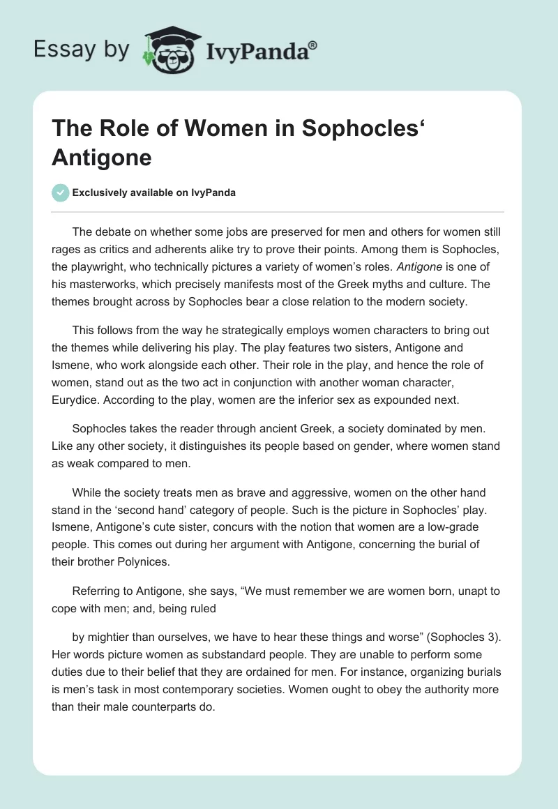 The Role of Women in Antigone: Research Paper. Page 1