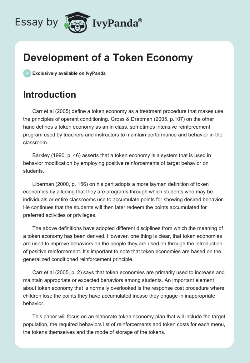 Development of a Token Economy. Page 1