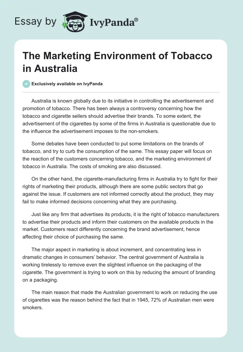 The Marketing Environment of Tobacco in Australia. Page 1