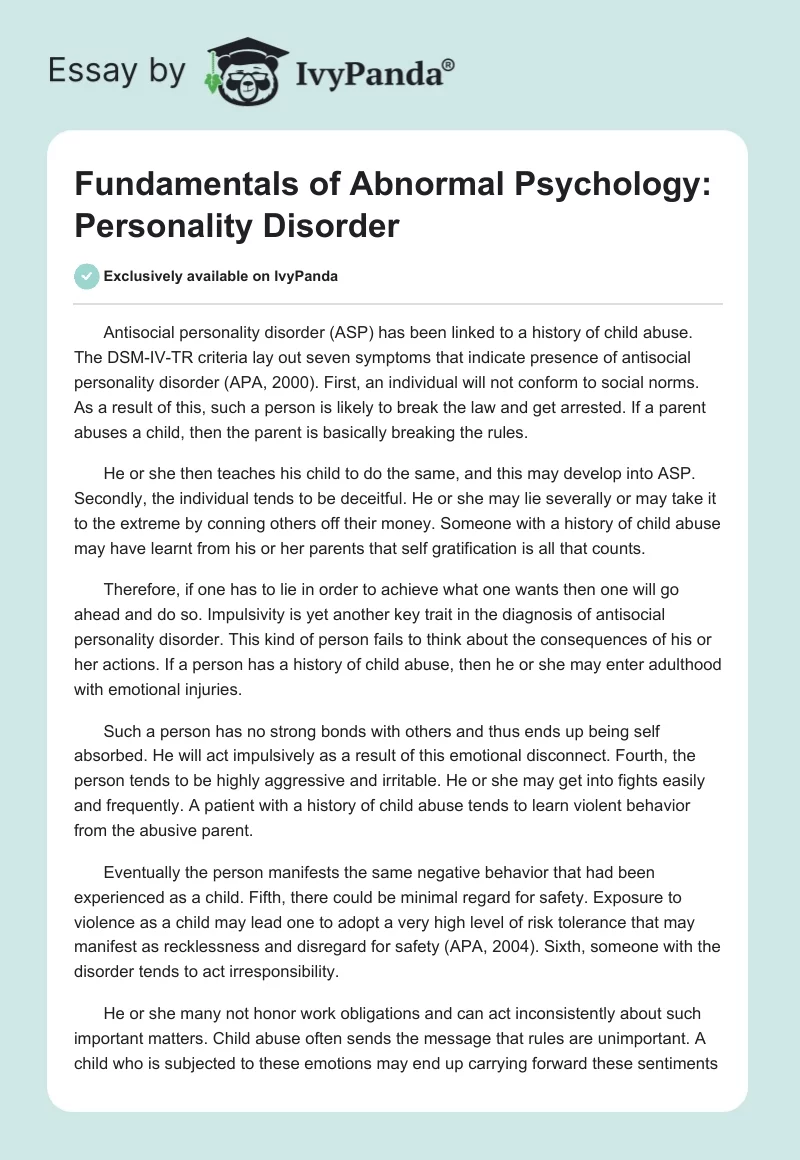 Fundamentals of Abnormal Psychology: Personality Disorder. Page 1