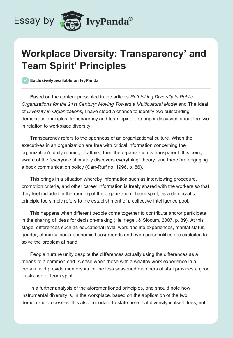 Workplace Diversity: Transparency’ and Team Spirit’ Principles. Page 1