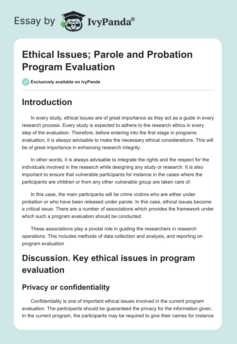 Ethical Issues; Parole and Probation Program Evaluation. Page 1