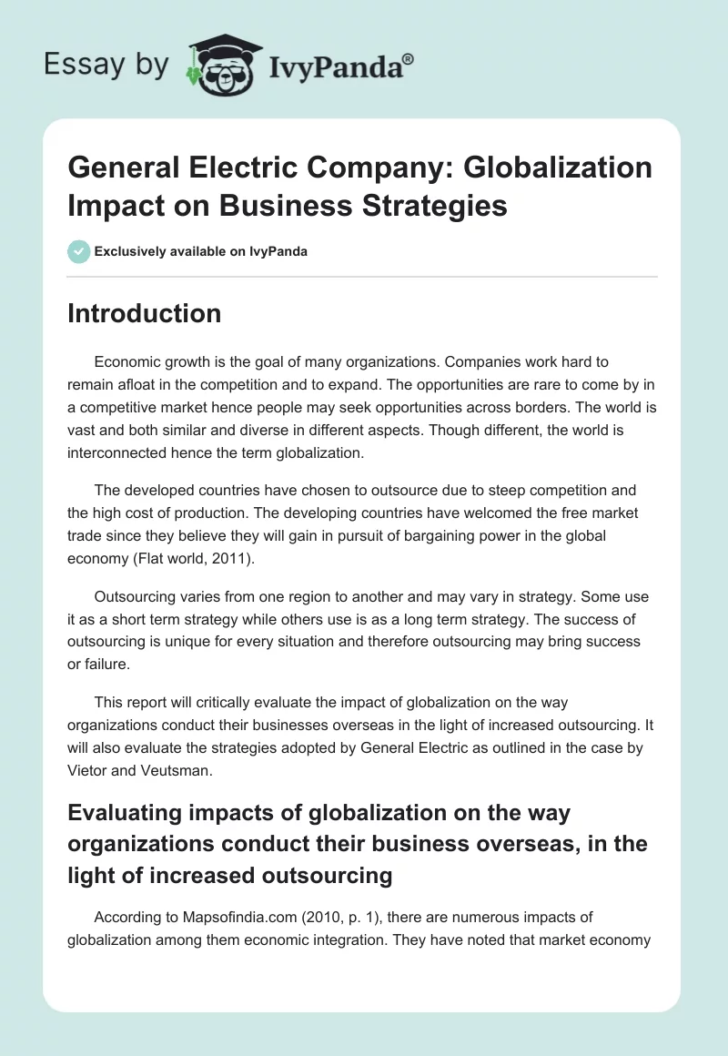 General Electric Company: Globalization Impact on Business Strategies. Page 1