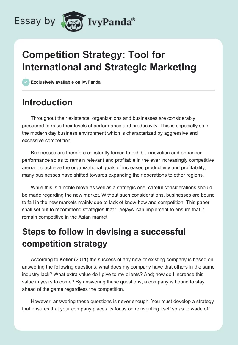 Competition Strategy: Tool for International and Strategic Marketing. Page 1