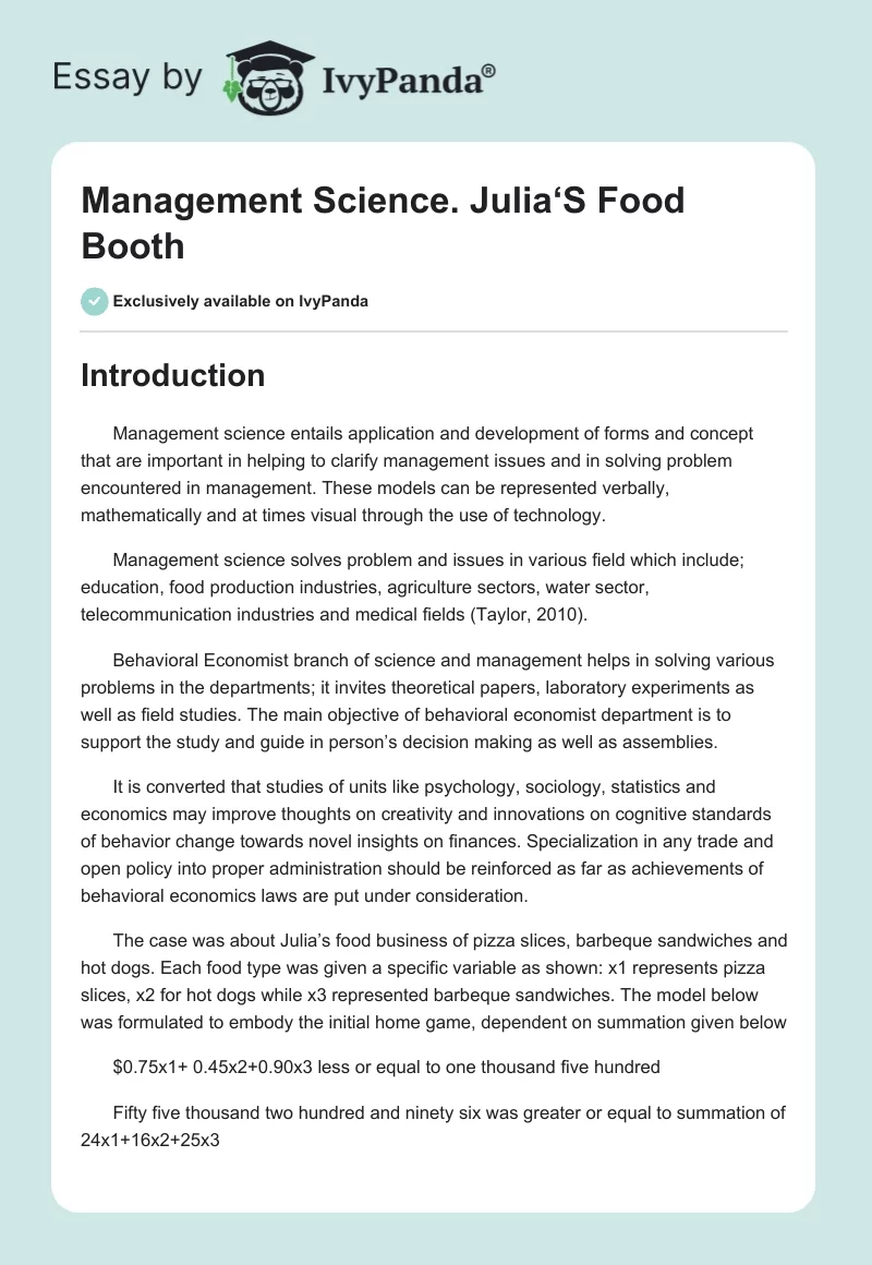Management Science. Julia‘S Food Booth. Page 1