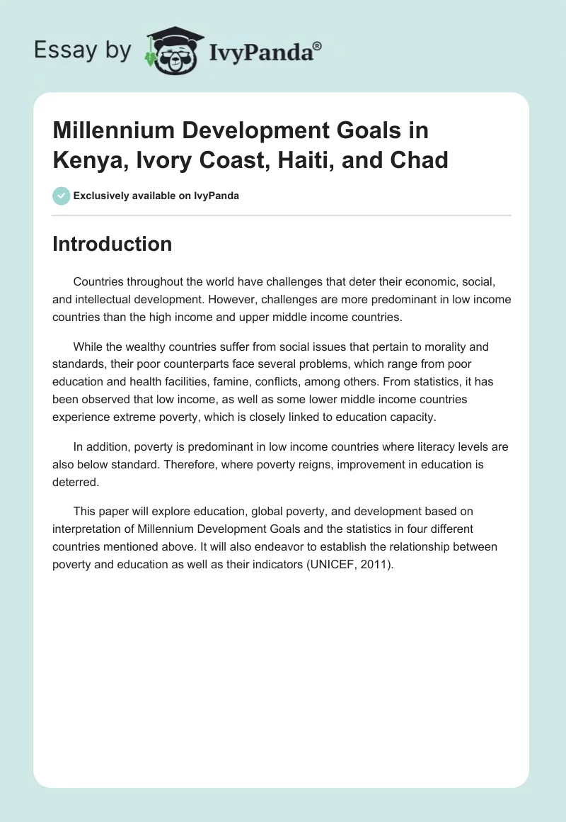 Millennium Development Goals in Kenya, Ivory Coast, Haiti, and Chad. Page 1