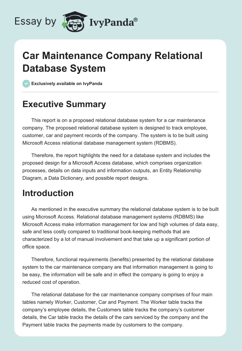 Car Maintenance Company Relational Database System. Page 1