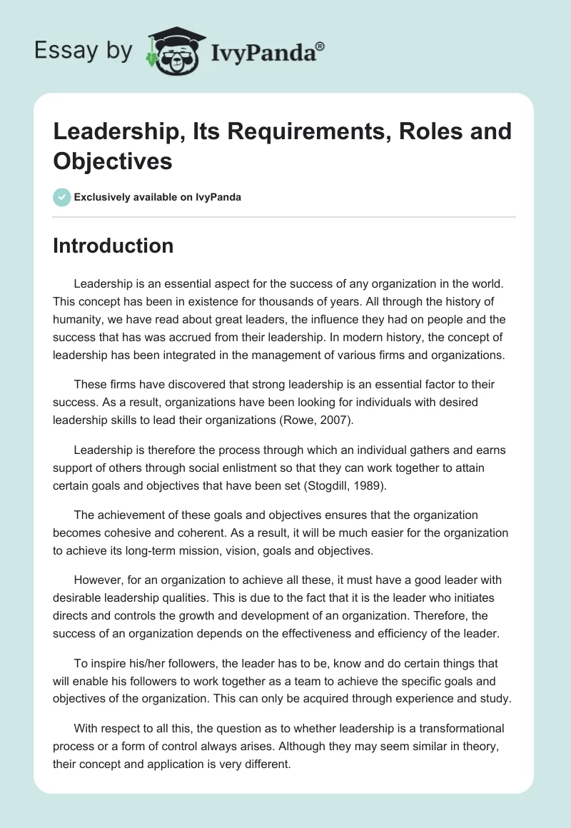 Leadership, Its Requirements, Roles and Objectives. Page 1