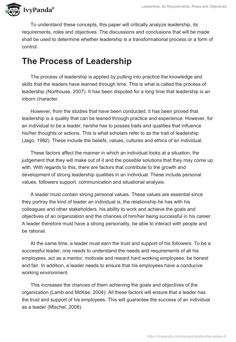 Leadership, Its Requirements, Roles and Objectives. Page 2