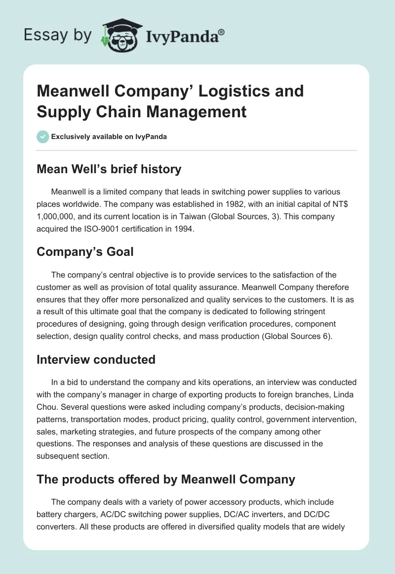 Meanwell Company’ Logistics and Supply Chain Management. Page 1