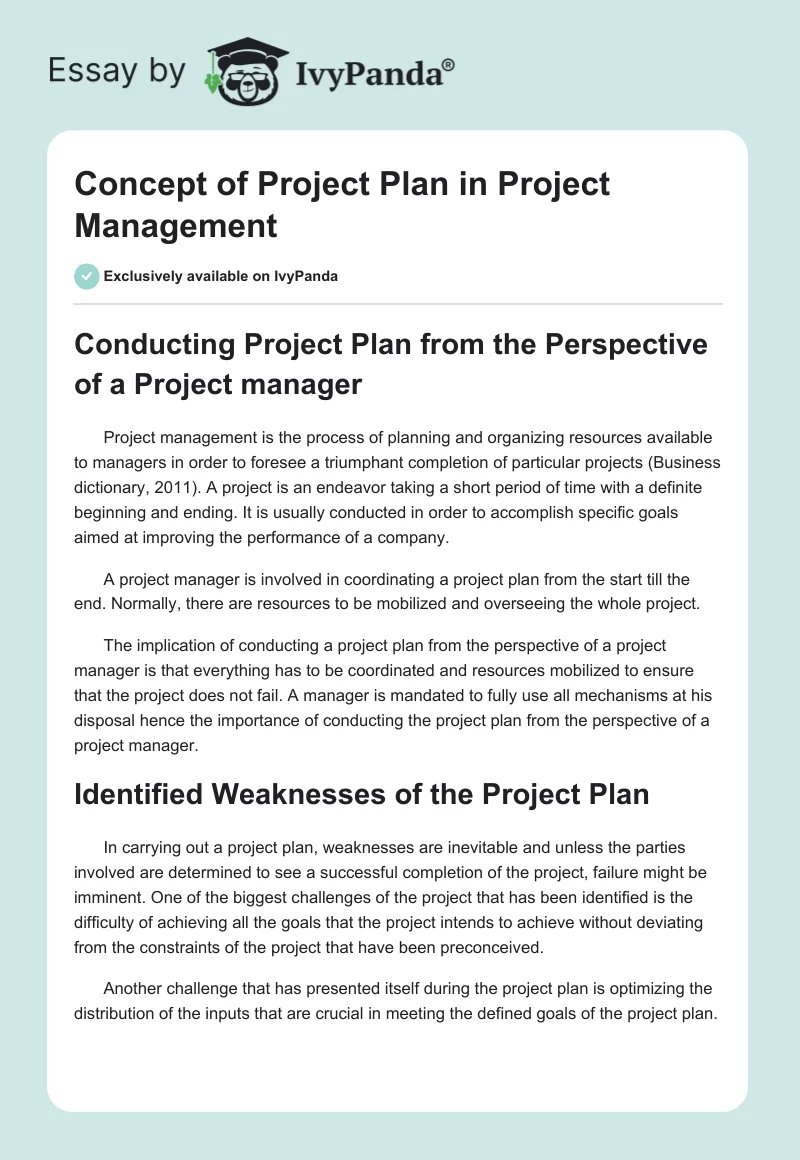 Concept of Project Plan in Project Management. Page 1