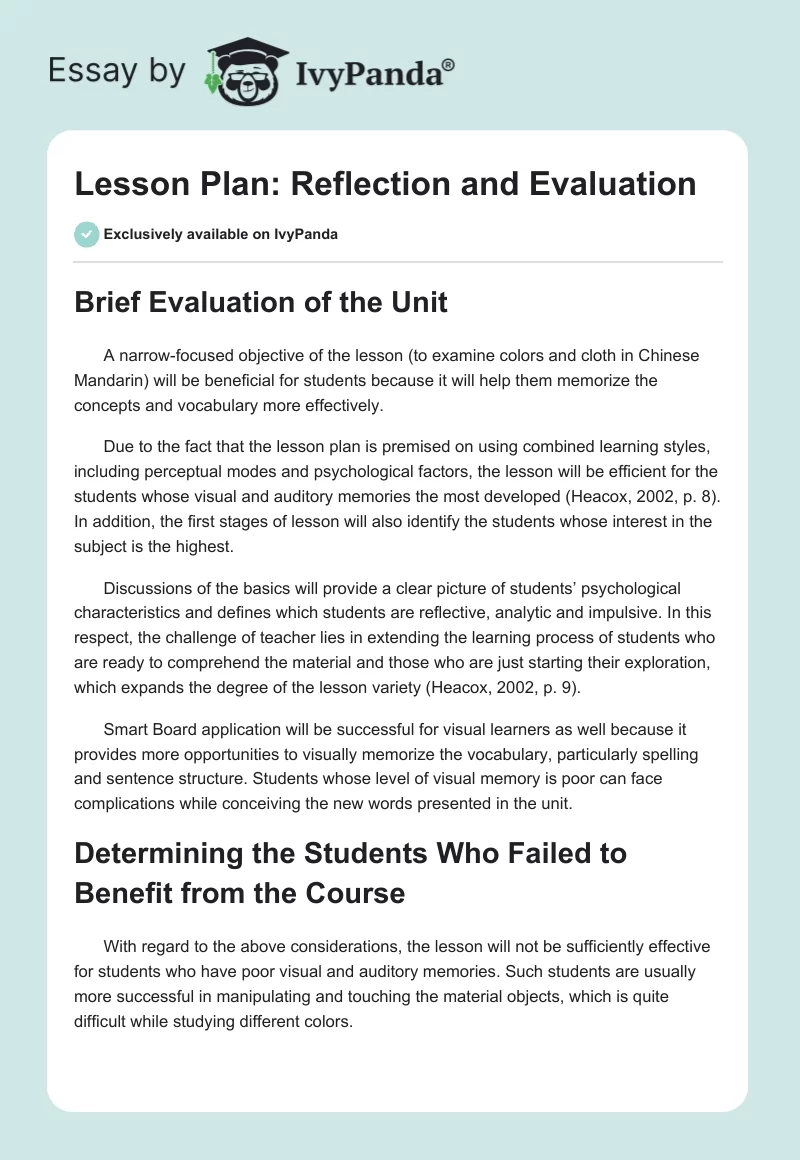 Lesson Plan: Reflection and Evaluation. Page 1