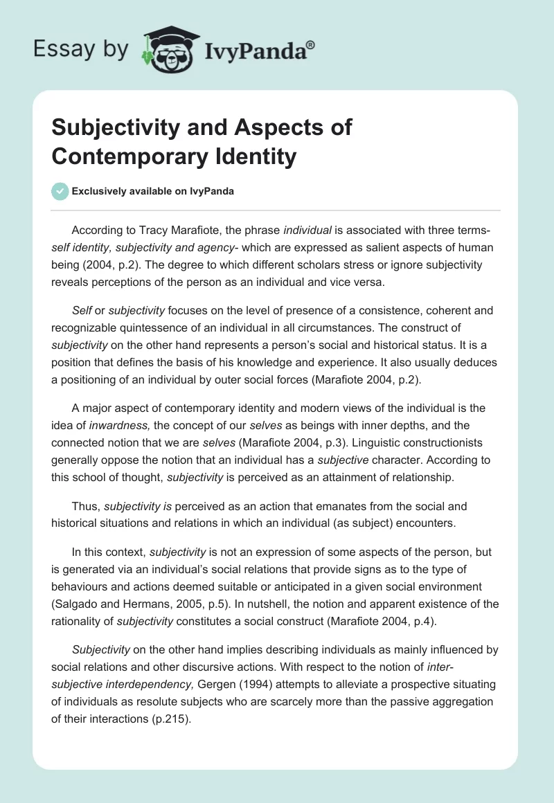 Subjectivity and Aspects of Contemporary Identity. Page 1