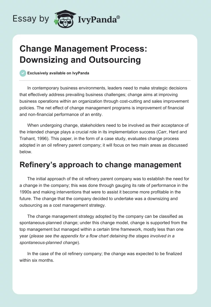 Change Management Process: Downsizing and Outsourcing. Page 1