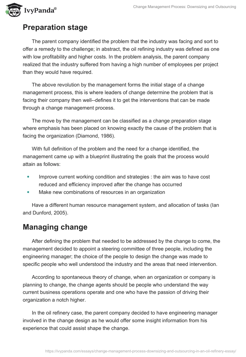 Change Management Process: Downsizing and Outsourcing. Page 2