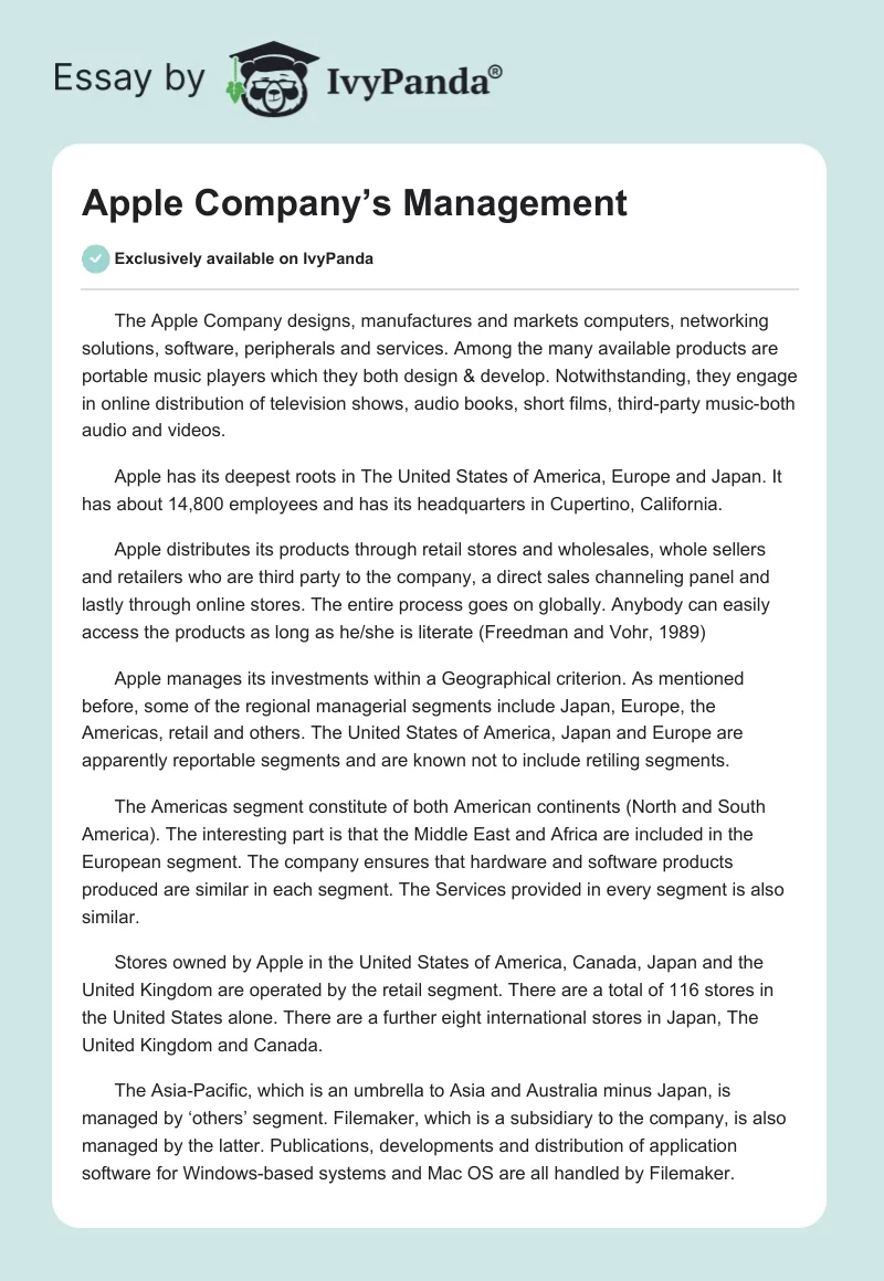 Apple Company’s Management. Page 1