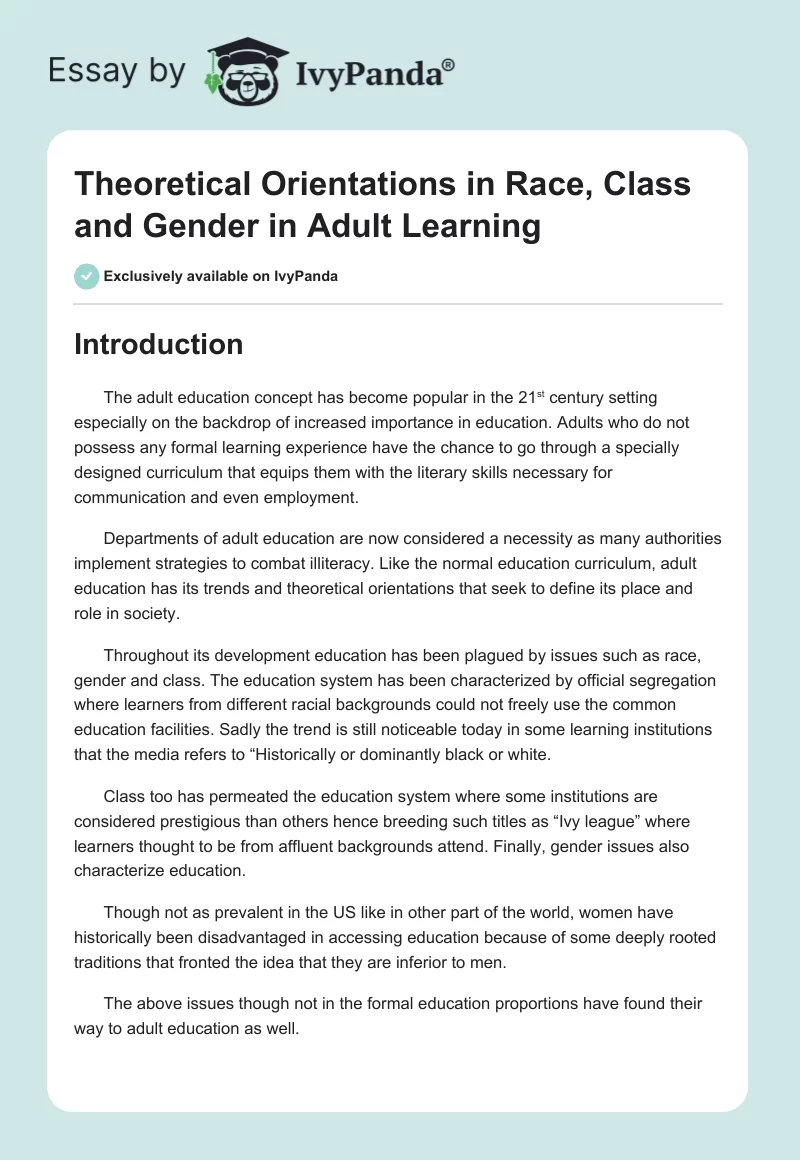 Theoretical Orientations in Race, Class and Gender in Adult Learning. Page 1