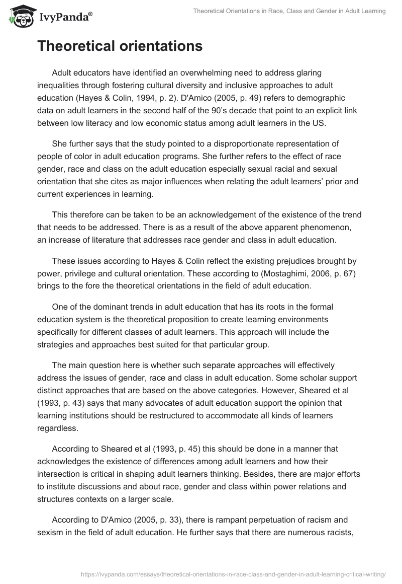 Theoretical Orientations in Race, Class and Gender in Adult Learning. Page 2