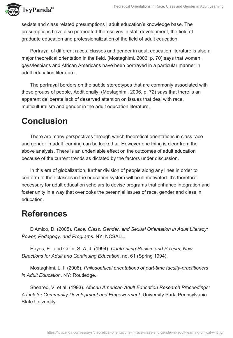 Theoretical Orientations in Race, Class and Gender in Adult Learning. Page 3
