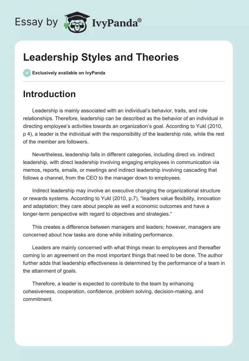Leadership Styles and Theories. Page 1