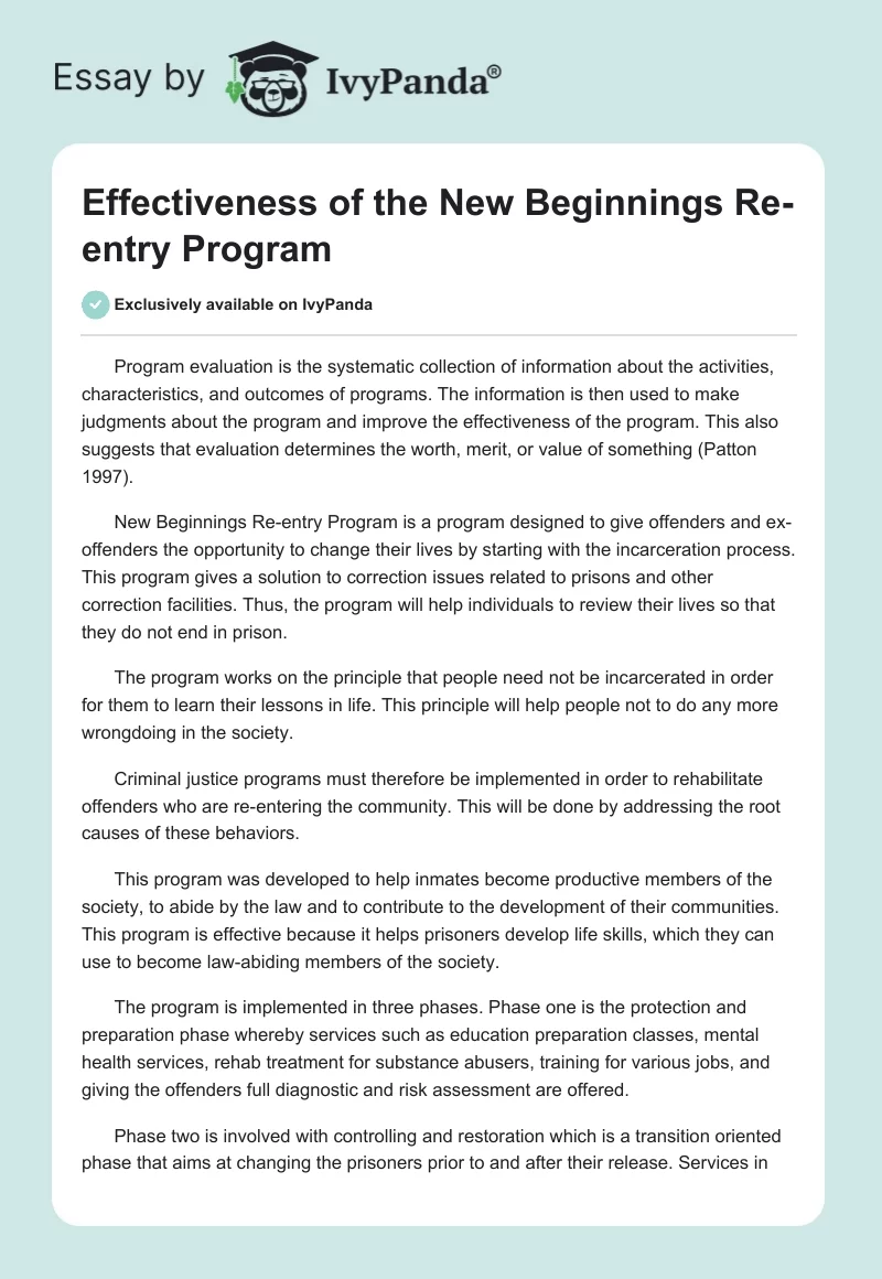 Effectiveness of the New Beginnings Re-entry Program. Page 1