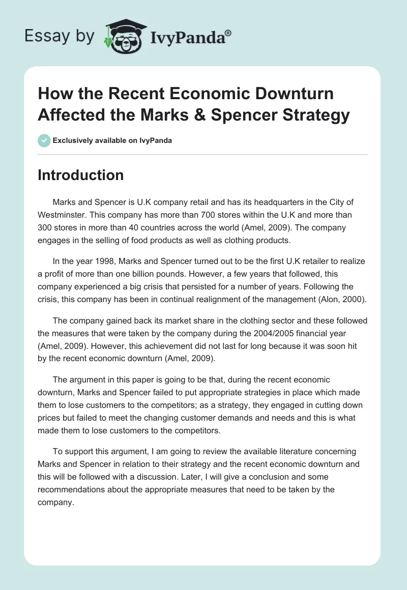 How the Recent Economic Downturn Affected the Marks & Spencer Strategy. Page 1