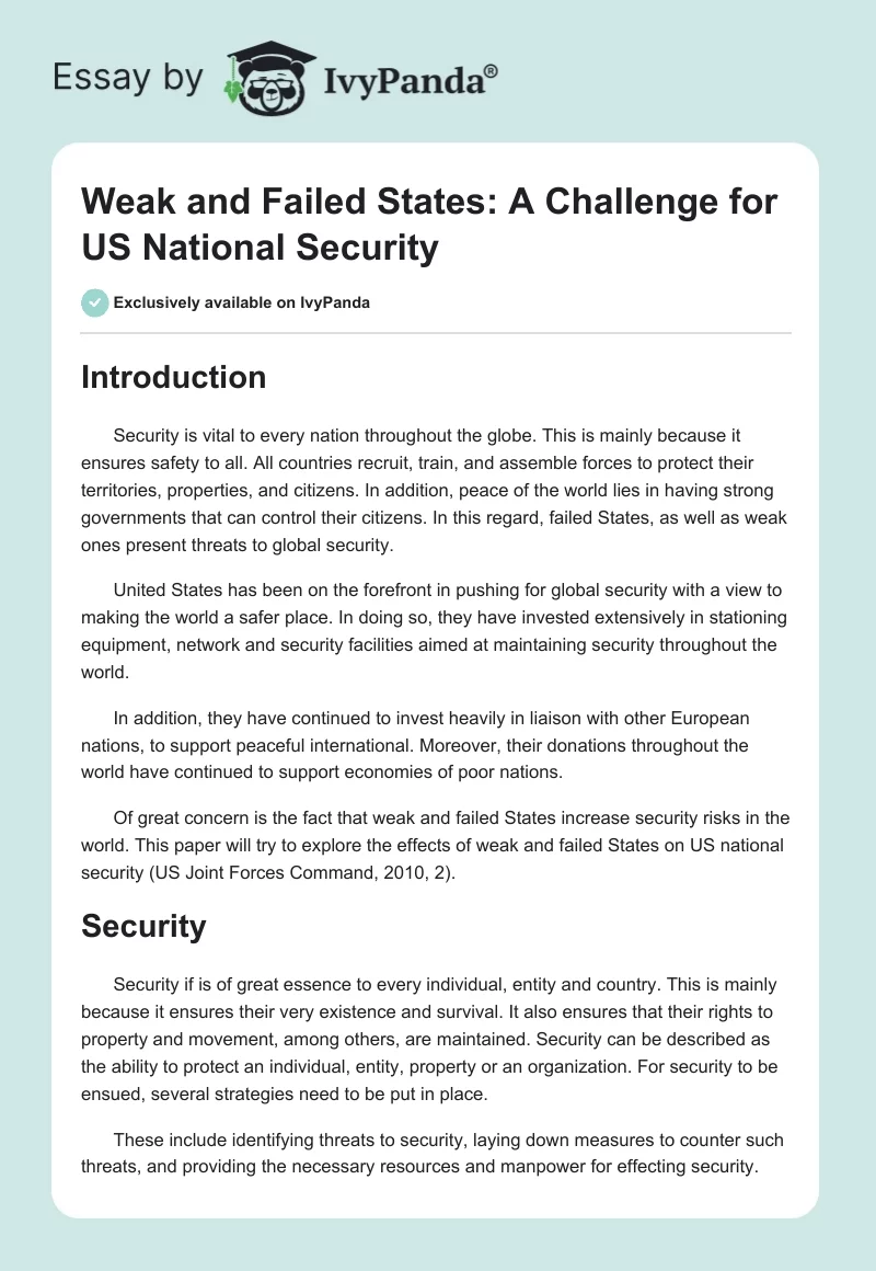 Weak and Failed States: A Challenge for US National Security. Page 1