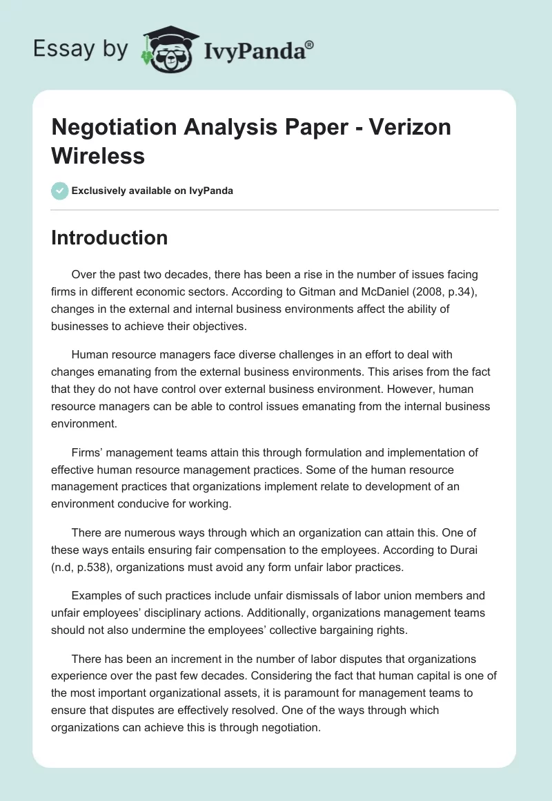 Negotiation Analysis Paper - Verizon Wireless. Page 1