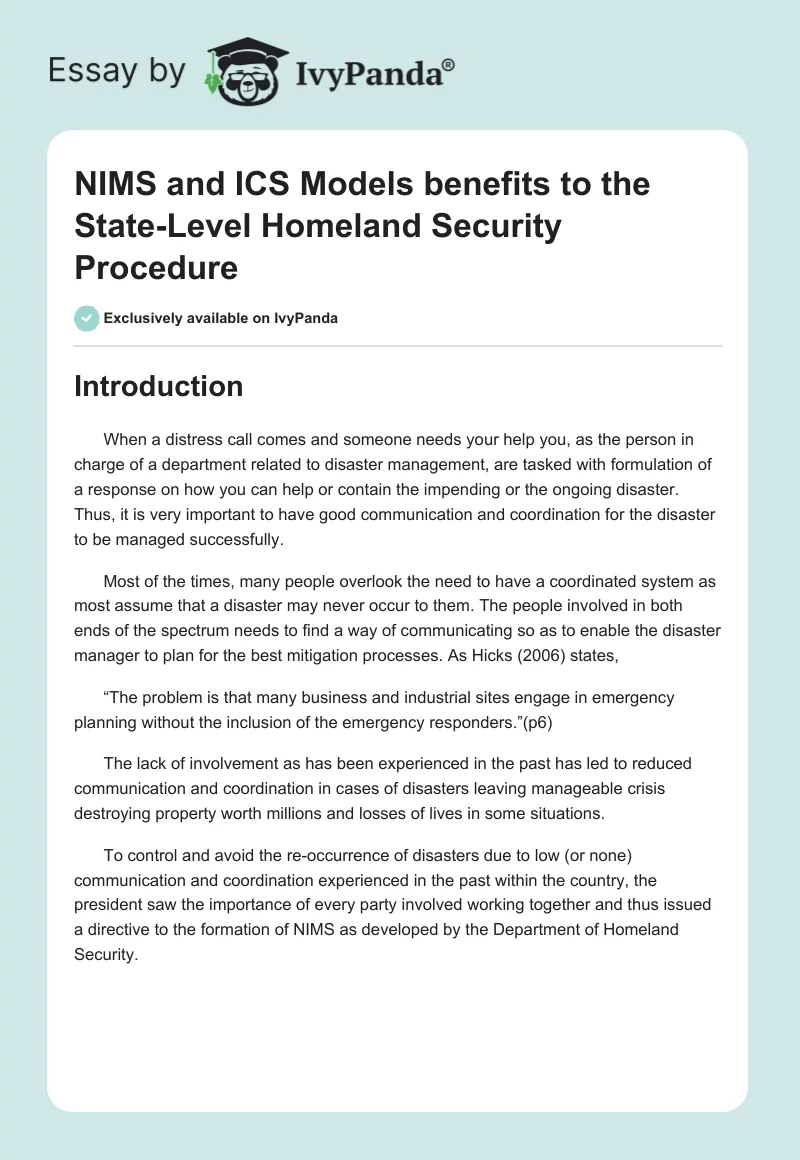 NIMS and ICS Models benefits to the State-Level Homeland Security Procedure. Page 1