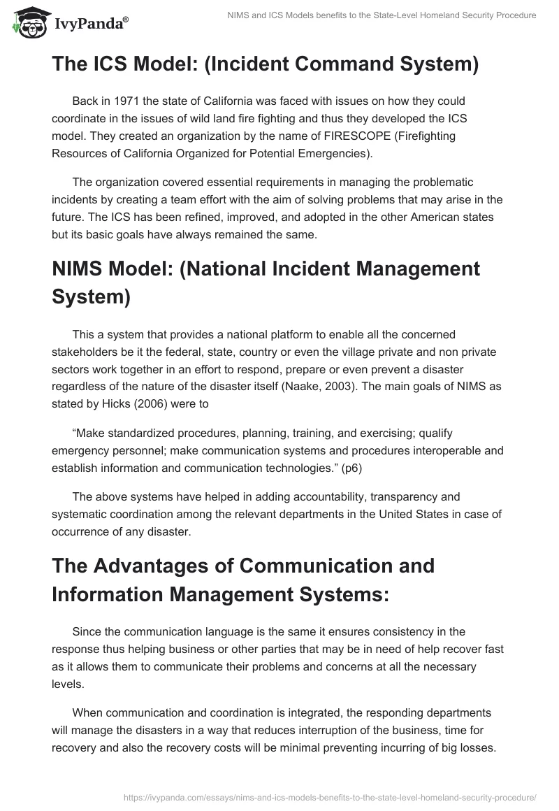 NIMS and ICS Models benefits to the State-Level Homeland Security Procedure. Page 2