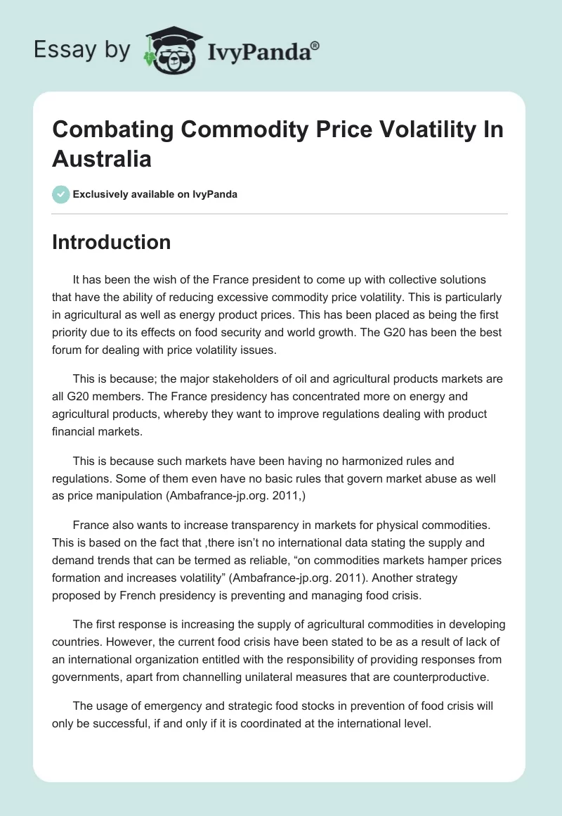 Combating Commodity Price Volatility In Australia. Page 1