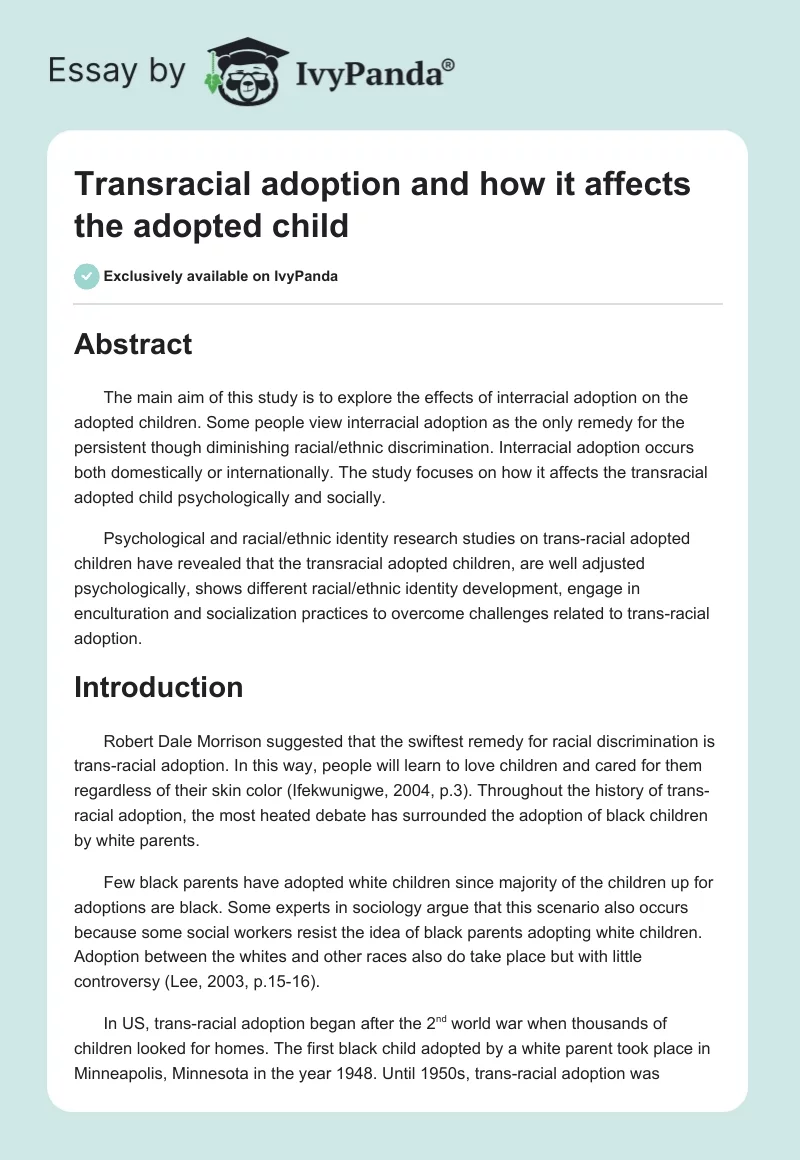 Transracial adoption and how it affects the adopted child. Page 1